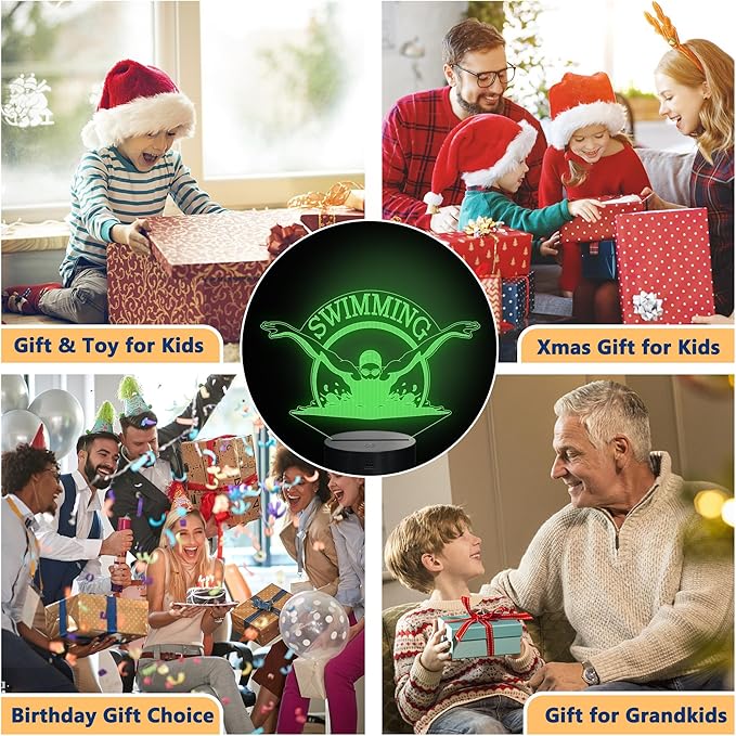 Swimming Gifts for Boys Girls, 3D Illusion Lamp, 3D Swimming Night Light with 16 Colors Remote and Touch Control, Swimmer Natator Decor for Kids Room, Girls Birthday Gifts