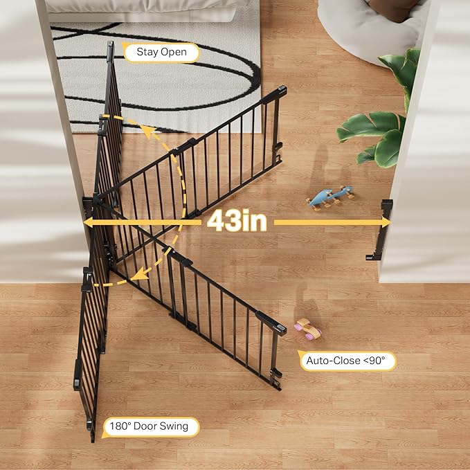 Cumbor 29.2–43" Baby Gate for Stairs, Wall-Mounted (Drill Required), Expandable No Bottom Bar Dog Gate, Auto Close Extra Wide Walk Thru, Pet & Toddler Proof Gate, Top & Bottom of Stairways(Black)