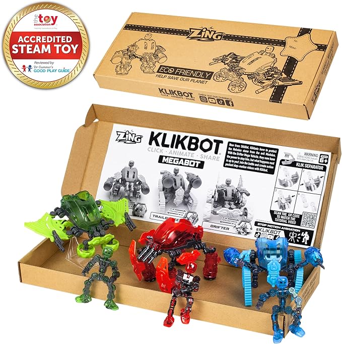 Zing Klikbot Megabots – Pack of Three – Green, Blue and Red - Toy Figures with Unique Accessories – for Kids 8 Plus