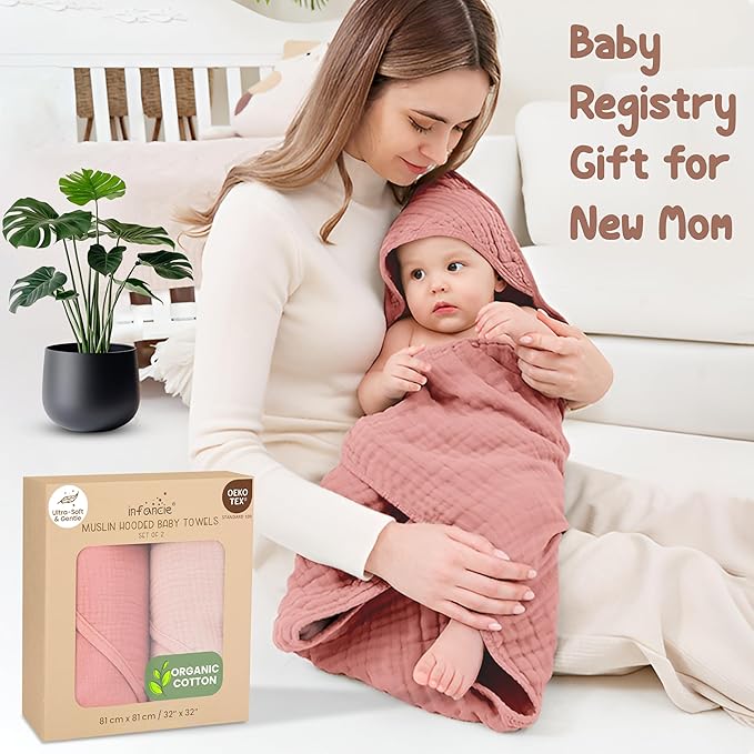 Organic Cotton Muslin Baby Hooded Towels - 32x32 Inch, 2 Pack Newborn Bath Towels for Boys & Girls, Soft & Absorbent Bath Set (Rose/Peach)
