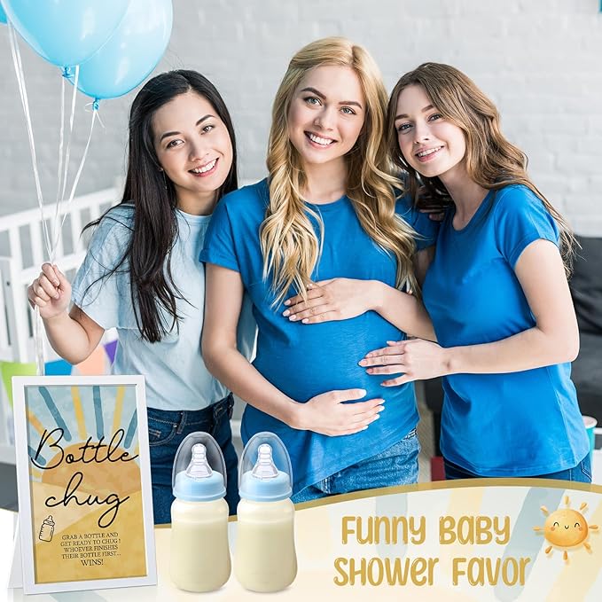 Roowest Bottle Chug Baby Shower Game Favors Including 18 Pcs Feeding Bottles with 1 Sun Theme Bottle Chug Wooden Sign for Gender Reveal Baby Shower Party Supplies