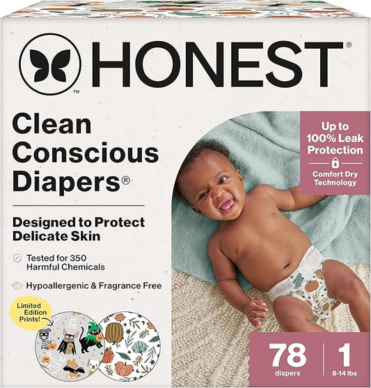 The Honest Company Clean Conscious Diapers for Delicate Skin | Up to 100% Leakproof | Hypoallergenic, Fragrance Free | Fall '25 Limited Edition Prints | Club Box, Size 1 (8-14 lbs), 78 Count