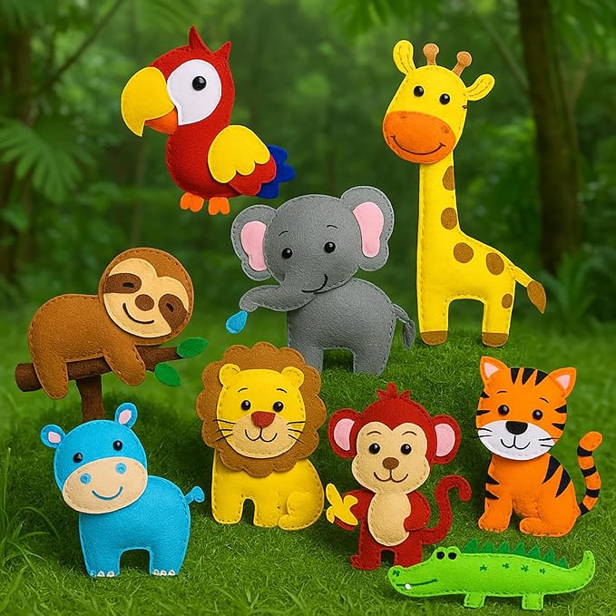 FYXGZZH Kids Beginner Sewing Kit – DIY Stuffed Craft Set with Pre-Cut Felt, Plastic Needle & Embroidery Thread, Educational Arts & Crafts for Boys & Girls Ages 6-12, Jungle Animal
