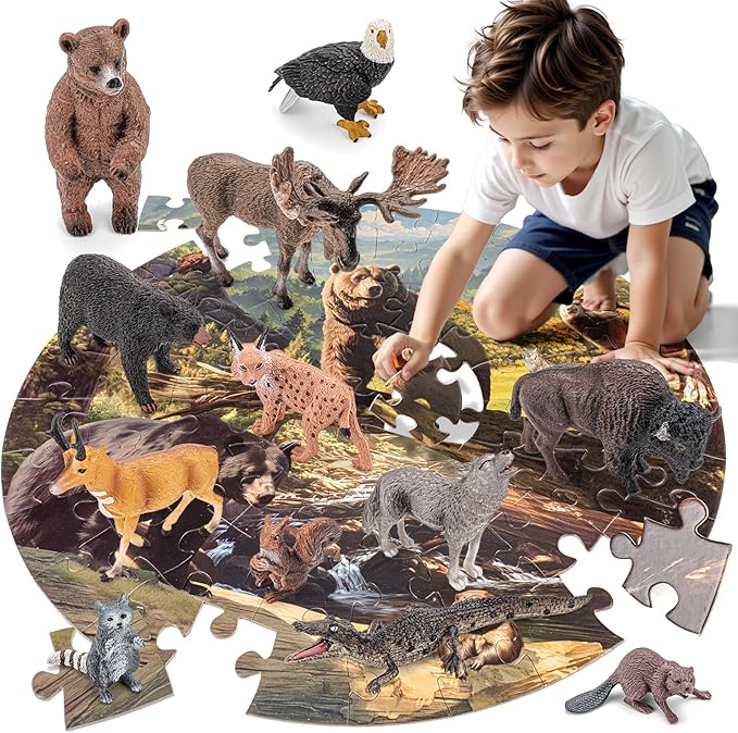 12PCS Large North American Animal Figurines & 67PCS Large Woodland Jigsaw Puzzles Toys for Preschool Kids Toddlers, Ideal Realistic Safari Animals Toys Gift for Toddlers Kids