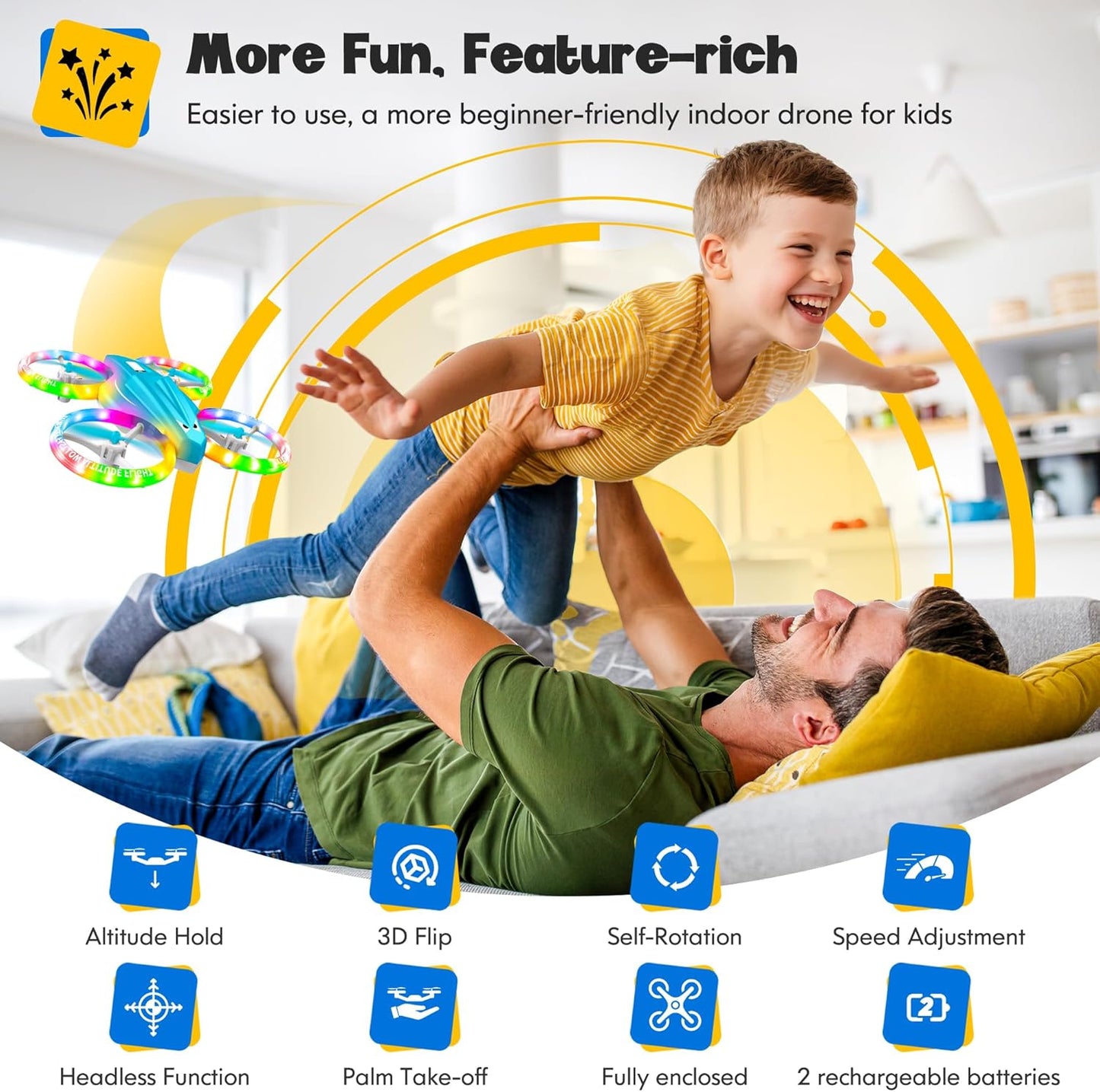 Drones for Kids With Cool Light, Kids Drone with 3D Flip, Altitude-Hold, Self-Rotation, Headless Mode, 3 Speed Modes, One-Click Take-off/Landing, Mini Drone for Beginners, Indoor（Light Blue）