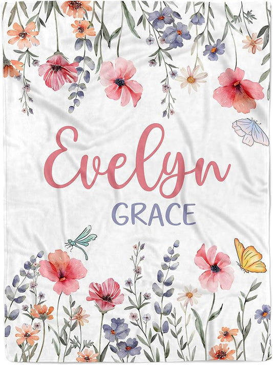 Custom Baby Blankets for Boys, Customized Baby Boy Gifts with Name, Personalized Baby Blankets, Soft Plush Fleece (Flower TM44)