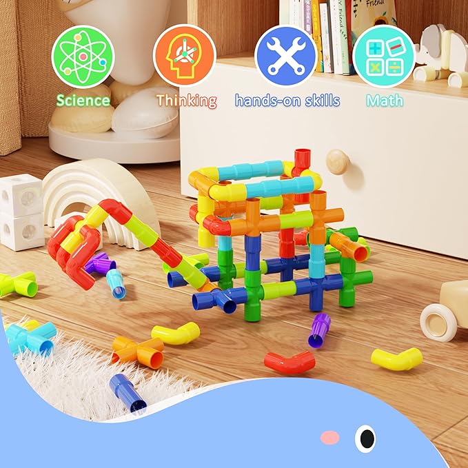 STEM Building Toy for Toddlers 200Pieces Tube Pipe Toy,Educational Preschool Game for 3+ Years,Learning Building Blocks Play with Storage Box Gift Kit,Montessori Toys for Boys & Girls
