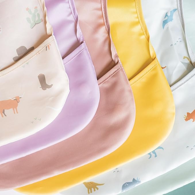 Tiny Twinkle Mess Proof Baby Bibs for Eating – Waterproof, Wipeable Toddler Bibs with Pocket – Baby Food Bibs for Girls & Boys(3 Pack,Sage,Taupe, Dandelion)