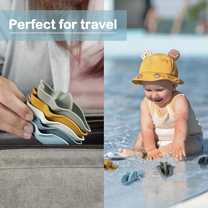 Bessentials Silicone Stackable Baby Shark Boat Bath Toys Set, Mold-Free Floating Bathtub Toys for Baby & Toddler,BPA Free,Set of 5