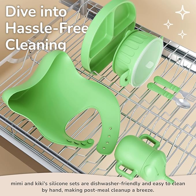 mimi & kiki BPA-Free Silicone Baby Feeding Set, Baby Plates and Bowls Set, Baby Led Weaning Supplies, Silicone Suction Plate, Baby Utensils, Bib and Cup, Self Feeding, Dishwasher Safe (Green)