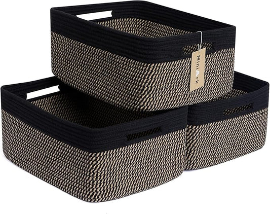 Large Storage Baskets for Shelves, Closet Organizers Bins for Clothes Blanket Towels, Baby Nursery, Toy Baskets Box, Woven Rope Baskets, 17 x 13 x 7.5”, 3 Packs Woven Brown