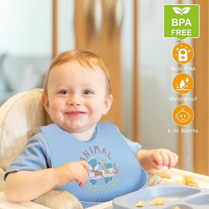2 Pack Silicone Baby Bibs Adjustable Fit Waterproof Bib With Leak Proof Food Pouch Catcher for Eating Boys Girls