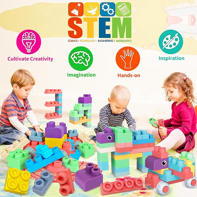 Baby Soft Blocks Set, Big Building Block Toys, Soft Rubber Blocks for Babies 6 Months and Up STEM Educational Toddler Gifts, Baby Soft Blocks Sensory Stacking Toys, 80PCS