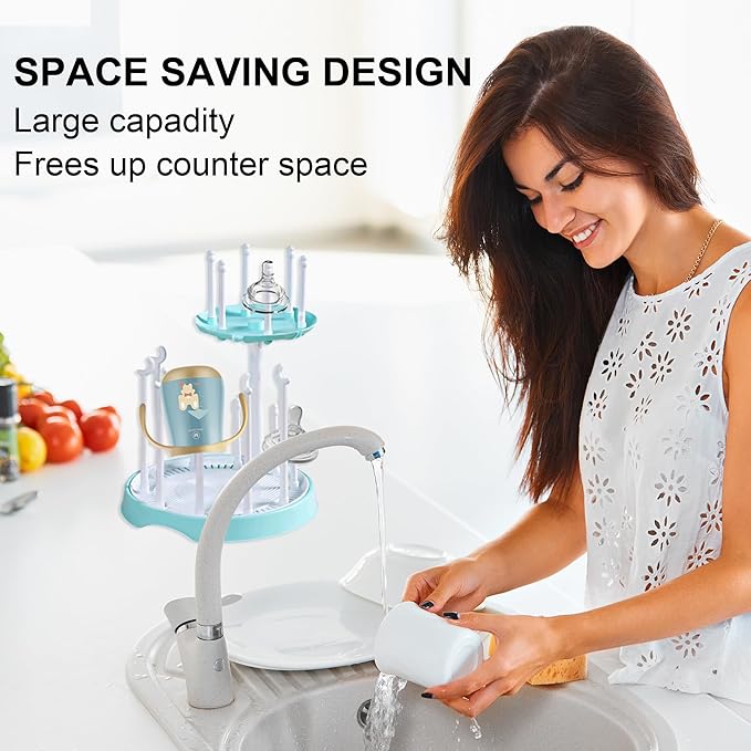 Baby Bottle Drying Rack,Double-Layer Bottle Drying Rack,Hold Up to 16 Baby Bottles,Suitable for Indoor, Kitchen, Living Room（Quiet Blue）