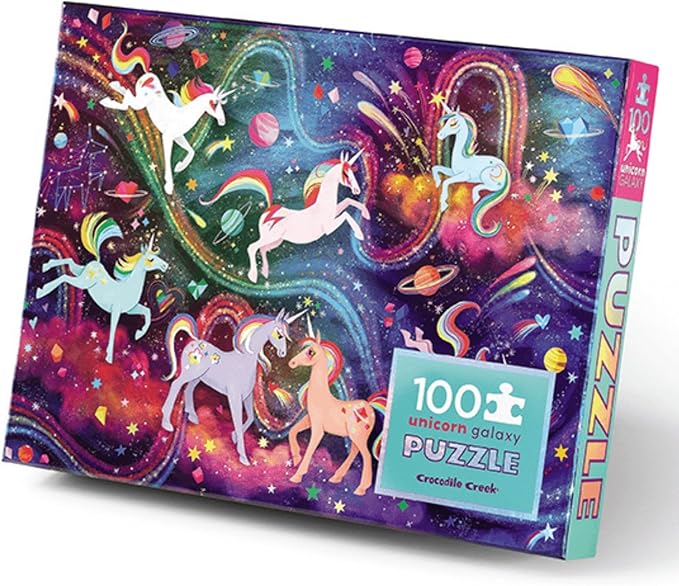 Crocodile Creek 100-Piece Jigsaw Puzzle for Kids Ages 5 and Up - Fun and Educational Table or Floor Holographic Foil Puzzle - Heavy-Duty Box for Storage - Unicorn Galaxy - 24" x 18" Finished