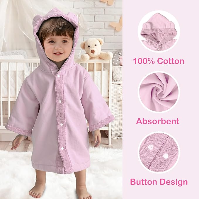 VOOVA & MOVAS Baby Hooded Towel with Bear Ear, 0-3Years | 100% Cotton,Low Lint, Ultra-Soft & Absorbent | Gentle for Sensitive Skin, Bath, Pool & Beach Towel | Newborn (Pink)