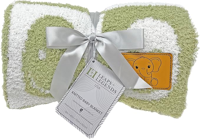 Checkered Smiley Face Baby Blanket 28"x40" - DreamSoft Knit Throw for Crib, Stroller or Car Seat -Receiving Blanket/Newborn Nursery Gift Essential Toddler, Infant, Kids Boys & Girls (Sage Green/White)