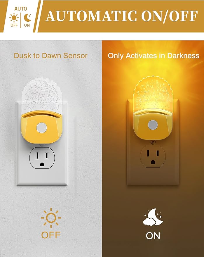 DORESshop 8-Color RGB LED Night Lights Plug Into Wall [2 Pack], Color Changing Night Light with Dusk to Dawn Sensor for Bathroom Decor, Children Room, Golden Cover