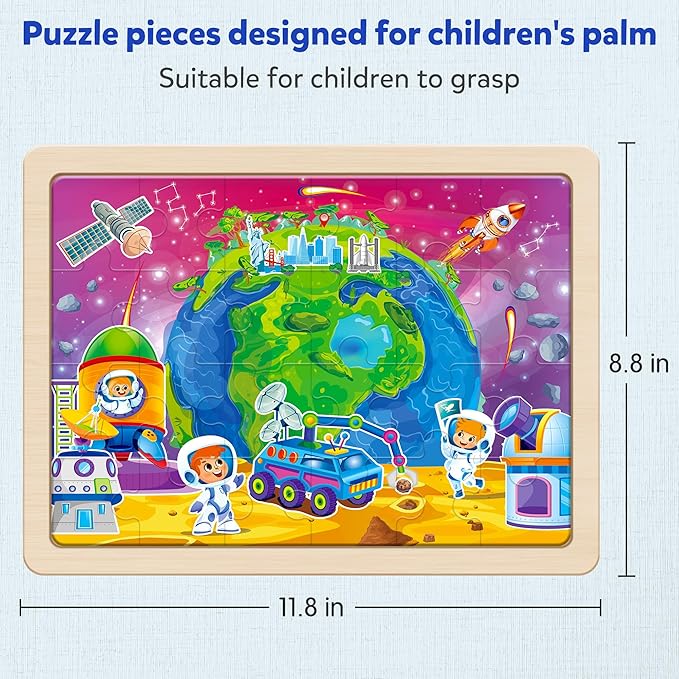 SYNARRY Large US World Earth Solar System Wooden Puzzles for Kids Gift Box(12.2*9.4 in) - FSC Certified, Puzzles for Toddlers 3-5, Puzzles for Kids Ages 4-6, Map Toys Gifts for 3 4 5 Year Old Boy Girl