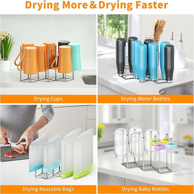 Foldable Baby Bottle Drying Rack-10 Poles Water Bottle Organizer for Cups,Travel Mugs,Silicone Bags- Collapsible Stainless Steel Bottle Rack Dryer (Silver)