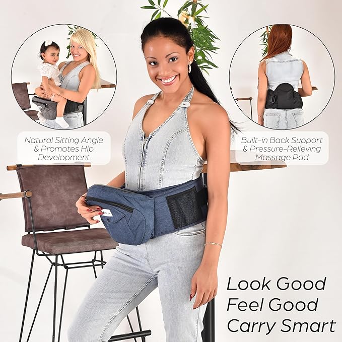 Baby Carrier with Hip Seat - with Lumbar & Back Support – Adjustable Waistband with Strong Support - Health Certified, Machine Washable, Fits Medium–Large (Black) (Blue)