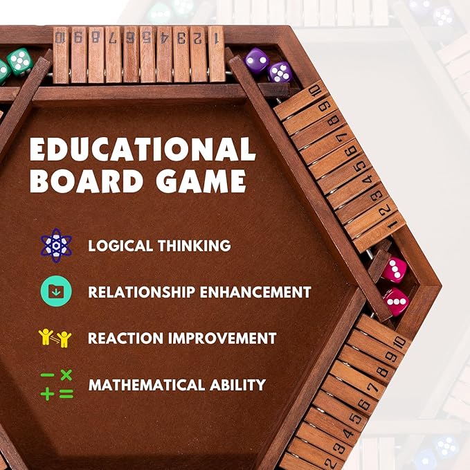 Shut The Box Premium Wooden Dice Game - Handcrafted Board Game 2-6 Players, Educational Math Learning Games for Kids Adults, Classic Pub Games Family Party Gift Set