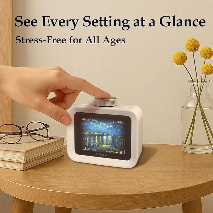 Dekala AuraDot White Noise Sound Machine for Sleep Temperature Humidity Monitor, 30 Non-Loop Soothing Sounds, Timer/Play All Night, Animationed Sleep Screen, 7-Day Programmable 4 Alarm Clock