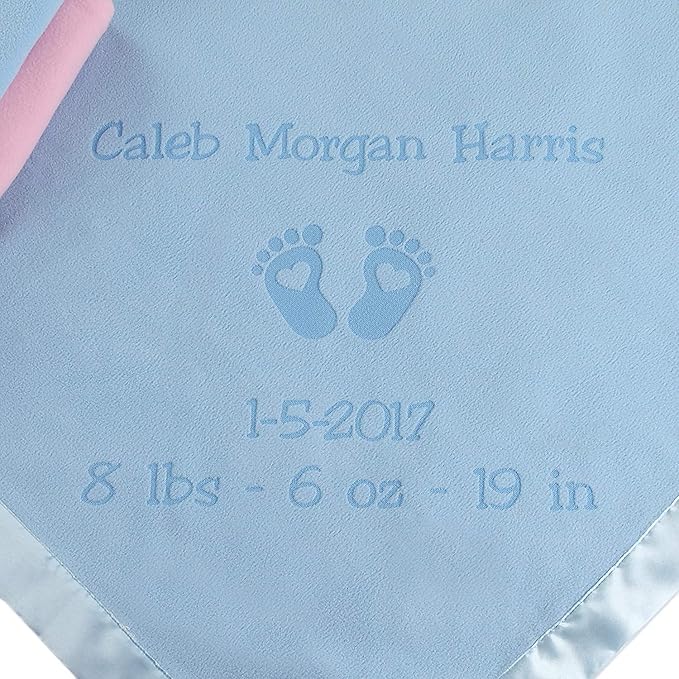 Custom Catch Personalized Newborn Gift Baby Blanket for Girl - Name with Infant Heart Feet Design - Pink or Blue (Multi-line Text)