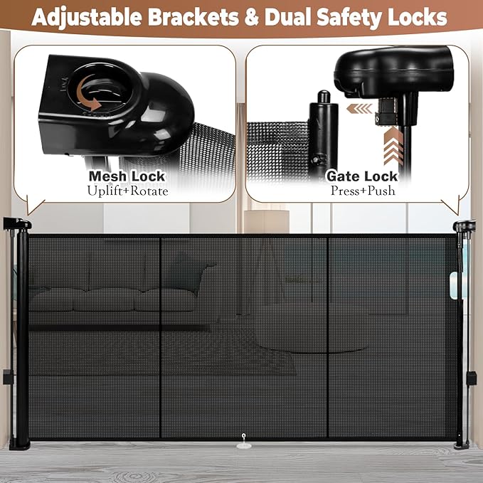 81" Retractable Baby Gate Extra Wide, 41" Tall Retractable Dog Gate for Stairs, Doorways, Decks, Mesh Gate Long Child Gate Pet Gate for Indoor, Outdoor, with Reinforced Mesh Rods, Dual Locks