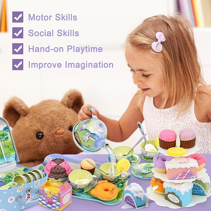 Tea Party Set for Little Girls,50PCS Princess Horse Tea Time Toy Including Food Sweet Treats Playsets,Teapot Tray Cake,Tablecloth & Carrying Case,Kids Kitchen Pretend Play for Girls Boys Age 3 4 5 6