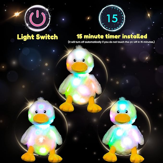 Hopearl LED Plush Duck Lighting Up Stuffed Duckling Farm Animal Floppy Night Lights Glow in The Dark Birthday Gifts for Kids Toddler Girls, White, 12''