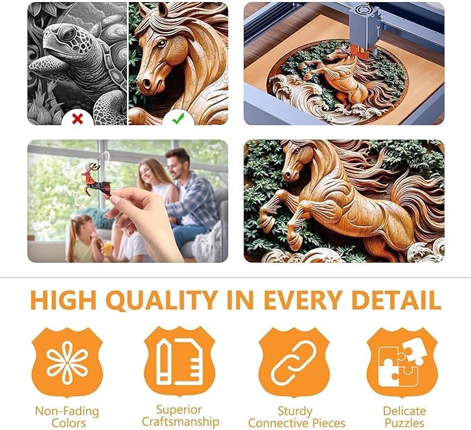 Wooden Puzzles for Adults - Flat Puzzle with 3D Visual Effect Horse Puzzle, Unique Shape Animal Wooden Puzzle, Unique Gift Ideas, Wood Puzzles Adult, Wall Art Puzzle Canvas (M-11.4*11.4in-200 Pieces)