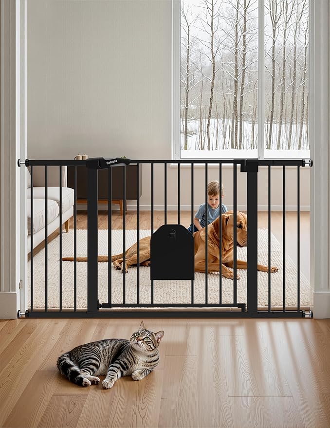Babelio 36-56" Extra Wide Auto Close Baby Gate with Cat Door, Pet Gate Indoor with Extra Wide Walk Thru Door, Metal Dog Gate for Doorway, Stairs, Includes 4 Wall Cups and 3 Extension Pieces, Black