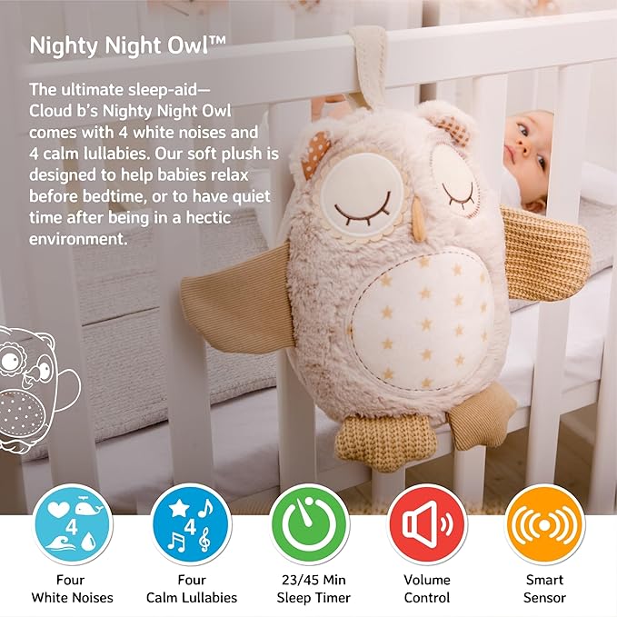Cloud b Sound Machine with White Noise Soothing Sounds | Cuddly Stuffed Animal | Adjustable Settings and Auto-Shutoff | Nighty Night Owl™ Smart Sensor