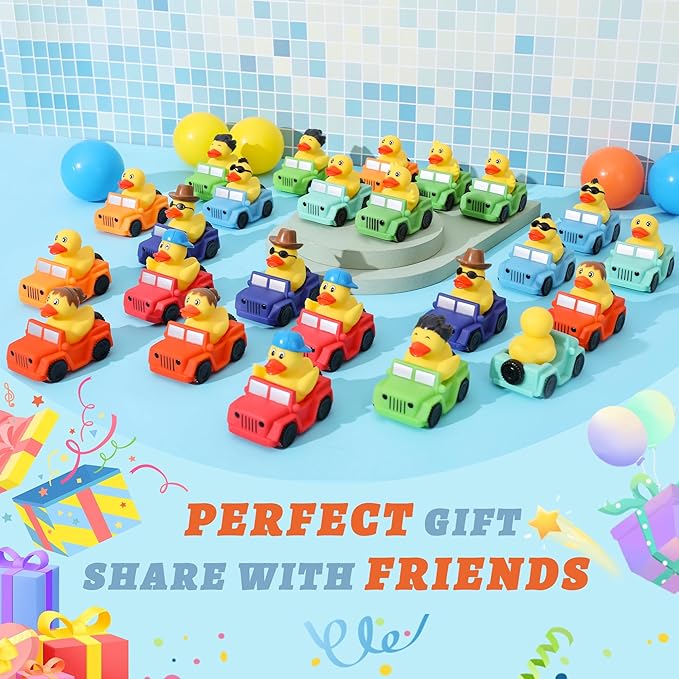 XY-WQ 24 Pack Jeep Rubber Ducks - 3" Bulk Floater Ducks for Kids - Vehicle Shaped - Baby Bath Toy Assortment - Party Favors, Birthdays, Bath Time & More (8 Varieties)