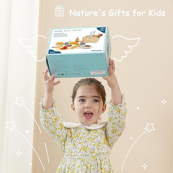 Wooden Picnic Basket Play Food Set – 21 PCS Pretend Kids Kitchen Toy with Blanket, Cutting Fruit & Dual Place Settings – Imaginative Outdoor Role-Play Gift for Toddlers Ages 3+