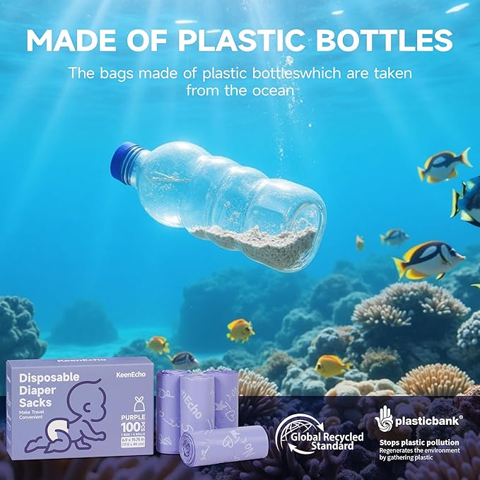 Disposable Diaper Bags with Handles 100 Count (4 Rolls), Unscented Leak-Proof Diaper Trash Bags & Sacks or Pet Waste Bag, Ocean Recycled Plastic