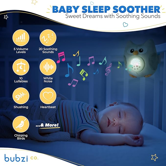 Bubzi Co Sound Machine, Portable Owl Soother & Night Light Projector, Comforting Electronic Infant Toddler Sleep Aid & Shush with White Noise