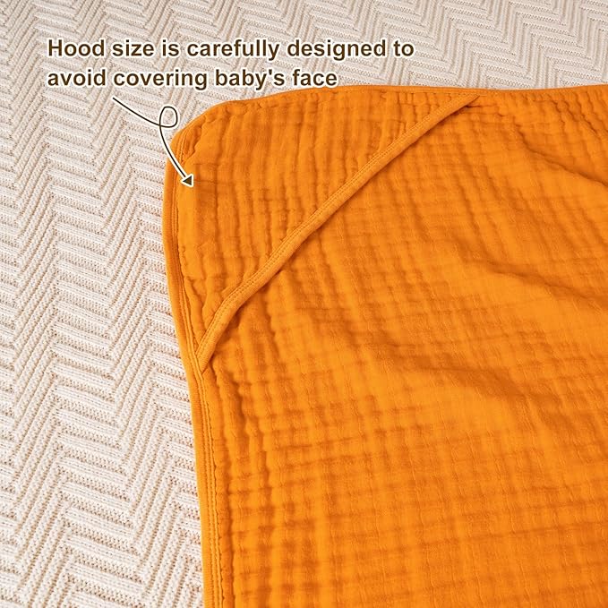 david's kids 2 Pack Hooded Baby Towels, 100% Muslin Cotton 6-Layer Ultra Soft Breathable Absorbent Baby Bath Towels for Infant and Toddler, Newborn Essentials, Large 32x32Inch, Beige & Ginger