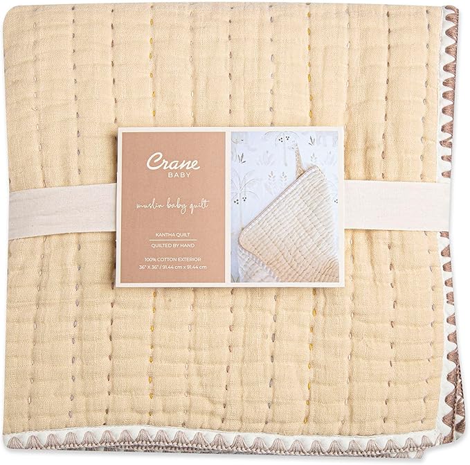 Crane Baby Blanket Quilted Cotton 36” X 36” Light Yellow Nursery Essential for Boys and Girls Yellow Baby