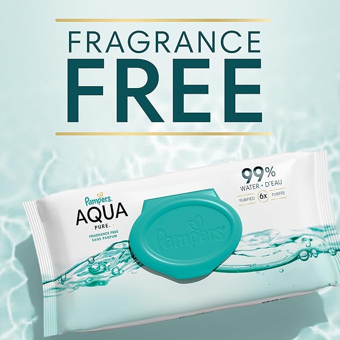 Pampers Aqua Pure Baby Wipes, 99% Water, Fragrance Free, 448 Baby Wipes Total (8X Flip-Top Packs) [Packaging May Vary]