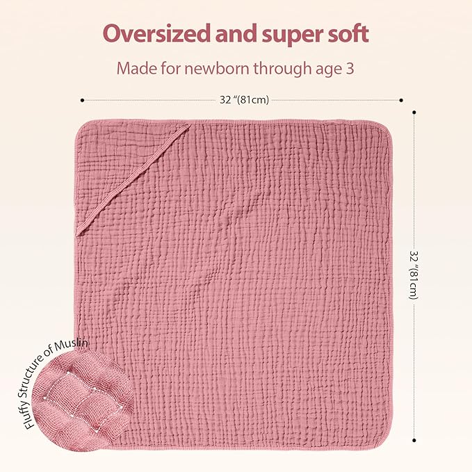 Hooded Baby Towels for Newborn - 2 Pack, 100% Muslin Cotton, Baby Bath Towels with Hood, Soft and Absorbent for Girls Infant, Toddler and Kids, Large 32x32 Inches, Newborn Essential