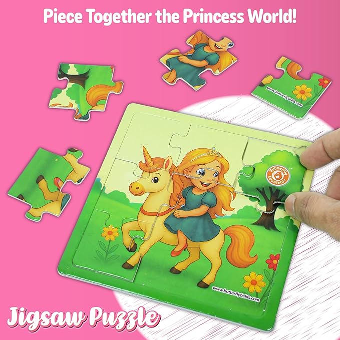 Butterfly EduFields 4-in-1 Princess ‍ & Unicorn Jigsaw Puzzles for Girls | 38 Pcs Puzzle Toy for Kids Age 3 4 5 6 7 Years | Preschool Learning with Coloring Sheets | Birthday Gift for Girls