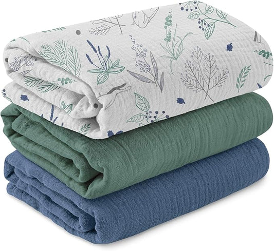 Muslin Swaddle Blankets for Newborn, 3 Pack Breathable Soft Receiving Blanket, Large 38 x 40 inches Swaddle Wrap Burping Clothes Diapers, Essentials Infant Shower Items, Toddler Gift (Fawn & Leaves)