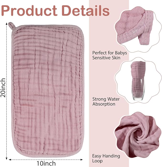 VitalCozy 6 Pcs Baby Muslin Hooded Bath Towels and Washcloths, 32 x 32 Inch Muslin Cotton Hooded Baby Towels Absorbent Hooded Blankets for Gift Newborn Infant Shower (Pink,Rose)