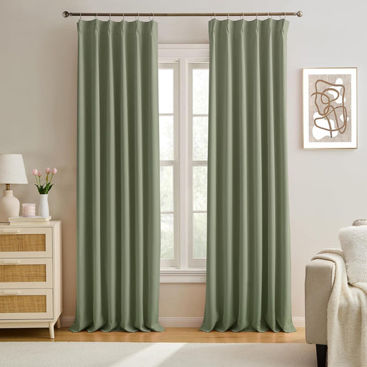 KEQIAOSUOCAI Pinch Pleated Curtains 120 Inches Long 10 FT Length, Luxury Blackout Bedroom Curtain Thermal Insulated Window Treatment Panels for Living Room(40x120,Sage Green,2 PCs)