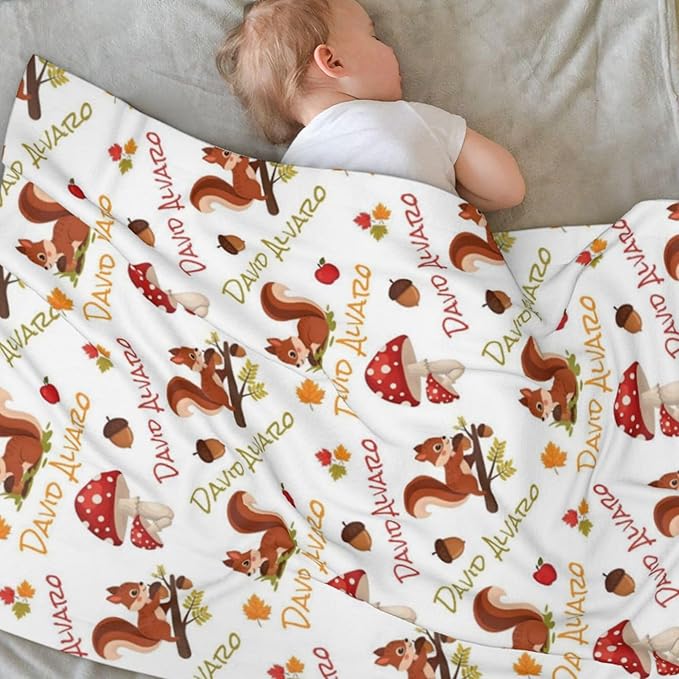 Ship Next Day Personalized Baby Blanket, Printed in USA - Custom Name Toddler Blanket with Squirrel Pattern, Personalized