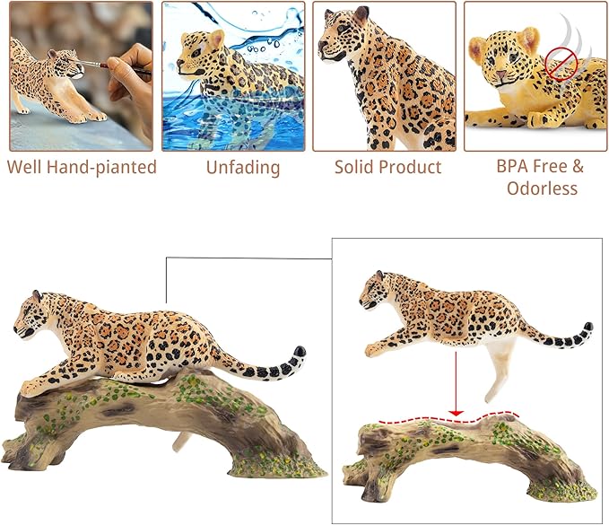 Toymany 7PCS Jaguars Figurines with Jaguars Cub and Tree Trunk, Realistic Jungle Animals Figures Family Playset, Educational Toy Cake Toppers