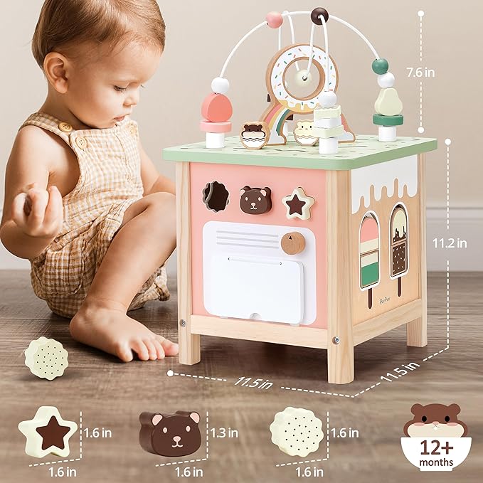PairPear Wooden Activity Cube Montessori Toys Wooden Play Cube Activity Center Baby Busy Board Multifunctional Early Educational Development Toys Sensory Gifts for Toddlers Girls Boys 1 2 3 Year Old
