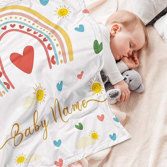 Personalized Baby Name Blanket for Girl Gifts for Baby Shower Christmas Birthday Custom Blanket with Boho Style Rainbow Customized Gifts for Newborn New Baby